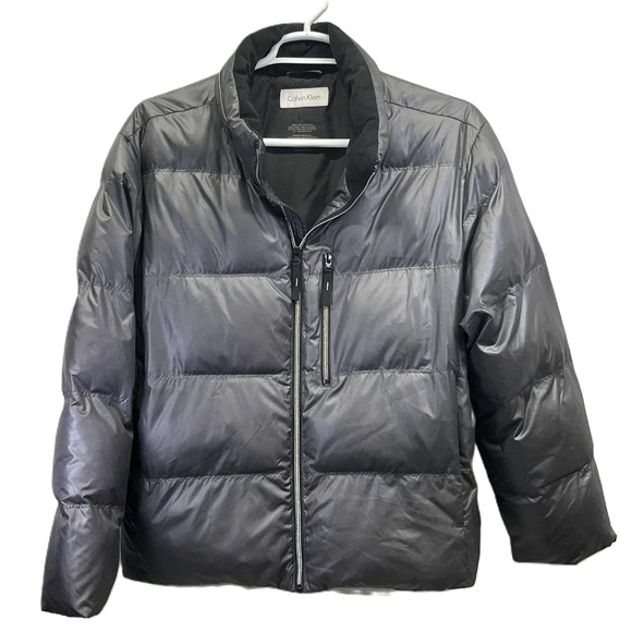 Calvin Klein Silver/Gray Mens High Shine Hooded Quilted Puffer Jacket Large - Picture 1 of 16